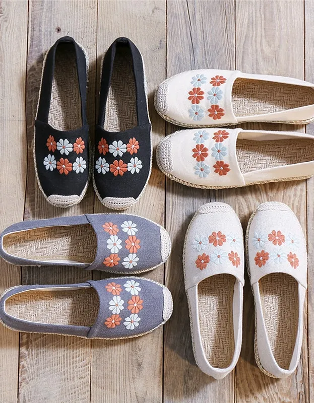 Handmade Linen-Embroidered Simple Flat Shoes