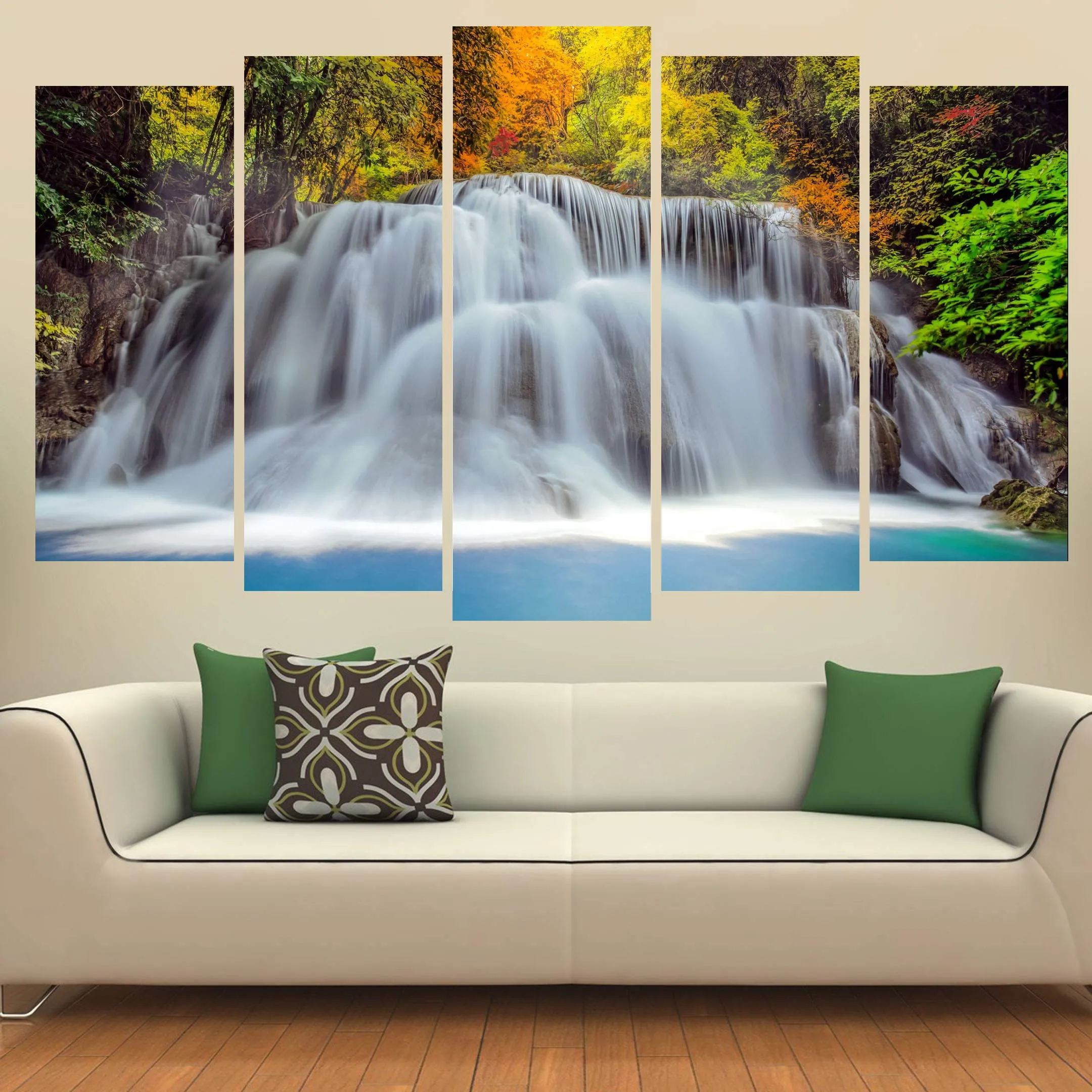 KYARA ARTS Big Size Multiple Frames, Beautiful Waterfall Nature Wall Painting for Living Room, Bedroom, Office, Hotels, Drawing Room Wooden Framed Digital Painting (50inchx30inch)