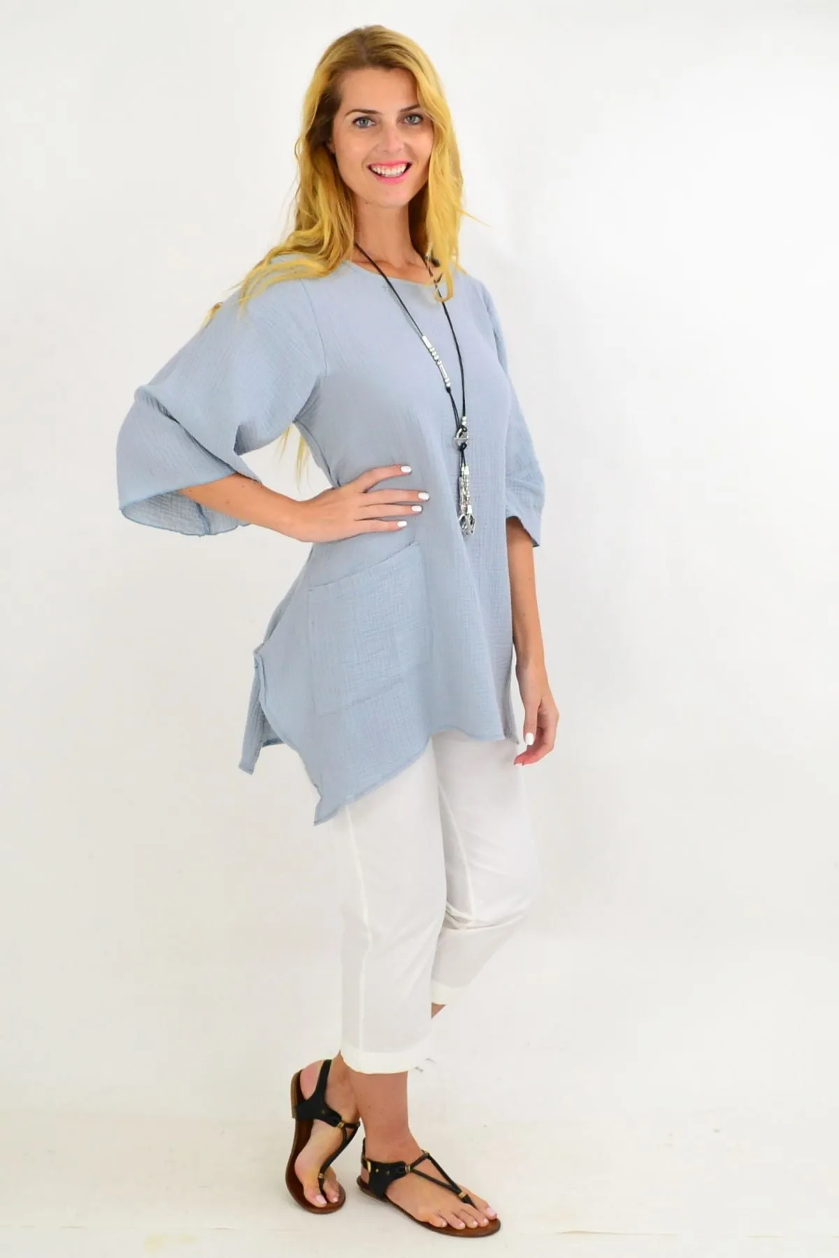 Light Grey Cotton Pocket Tunic Top