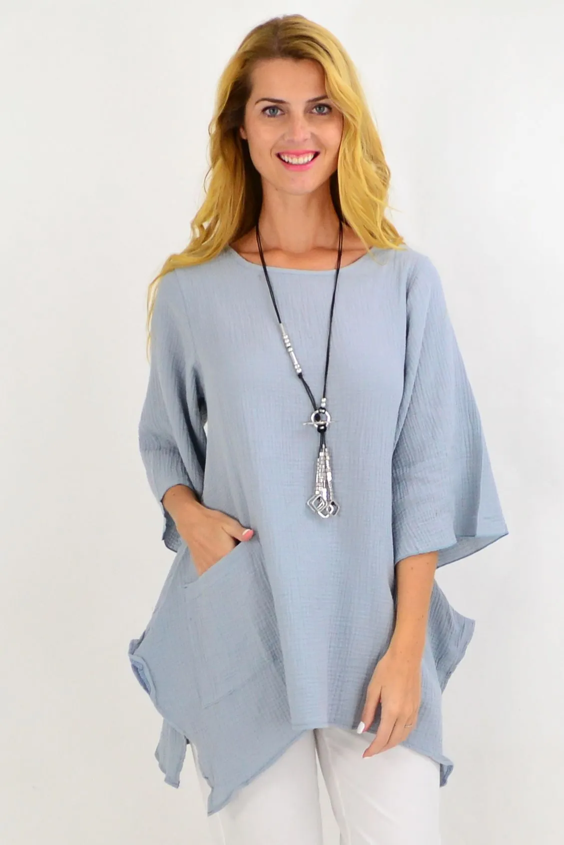 Light Grey Cotton Pocket Tunic Top