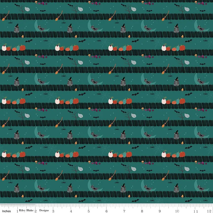 Little Witch Sitting on a Gate Teal Yardage by Jennifer Long | Riley Blake Designs