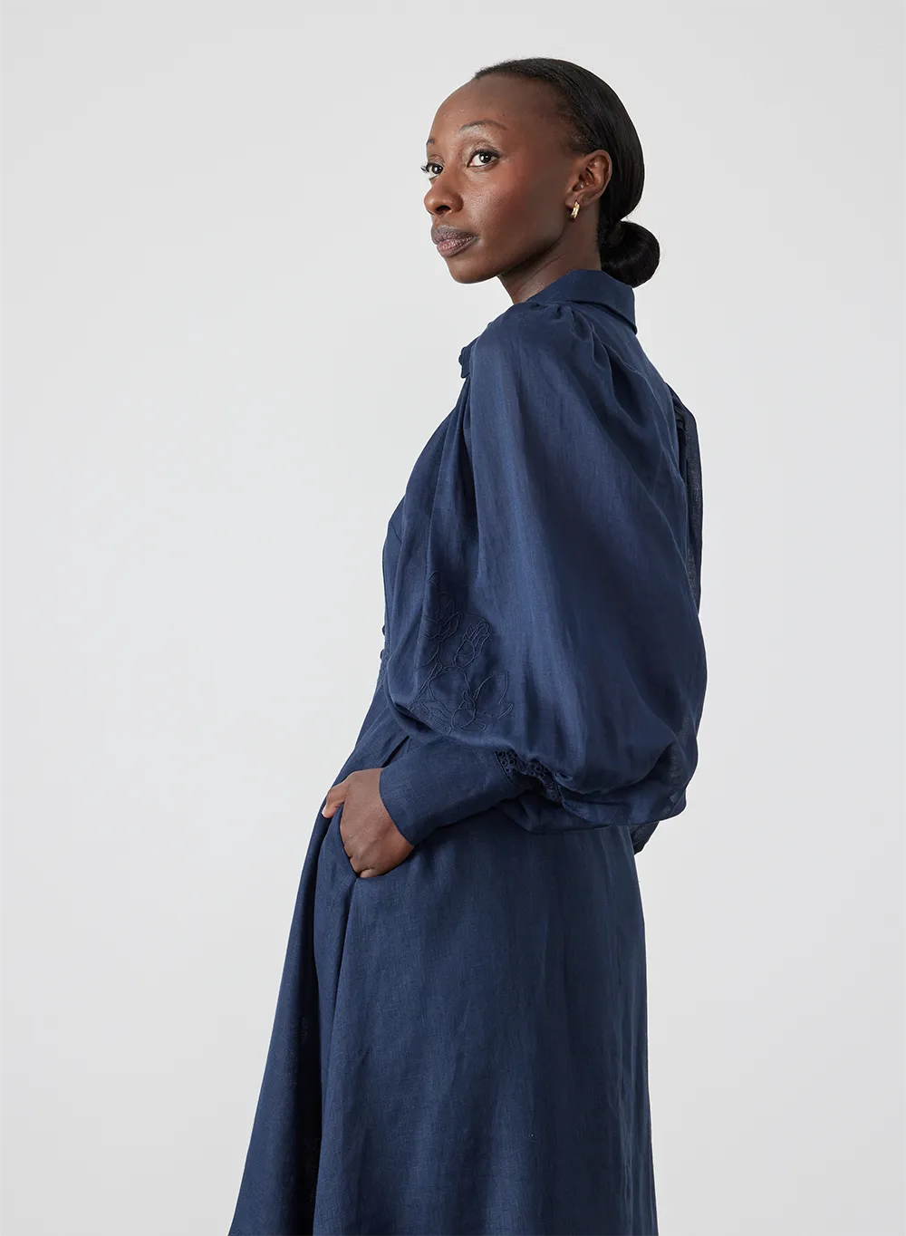 Martina Linen Embroidery Midi Shirt Dress | Navy