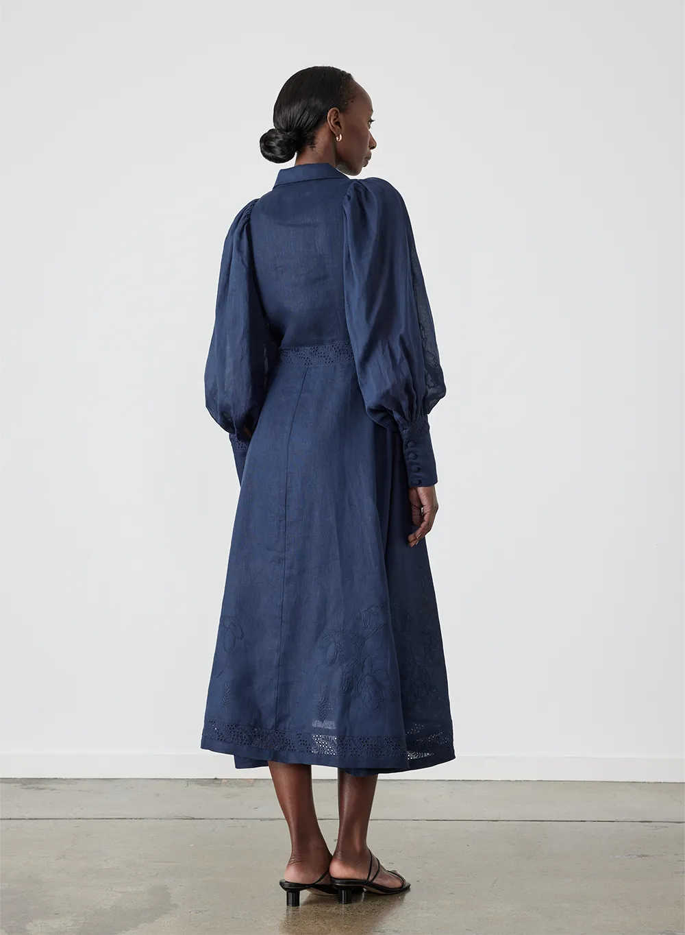 Martina Linen Embroidery Midi Shirt Dress | Navy