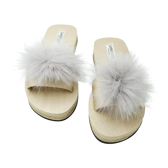 Mink Pom Pom Real Fur Slide - Espadrille Flat Sandals for Women