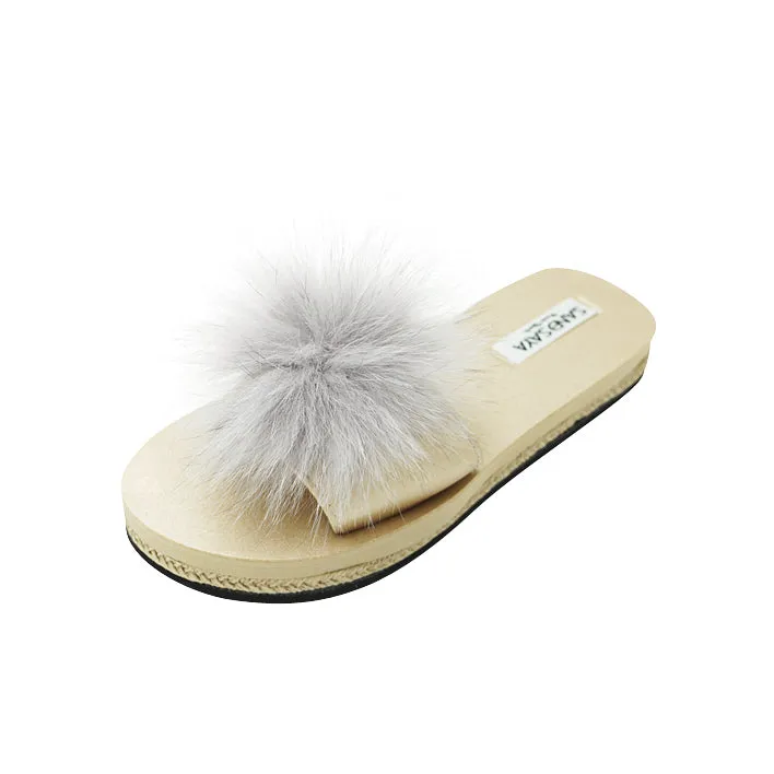 Mink Pom Pom Real Fur Slide - Espadrille Flat Sandals for Women