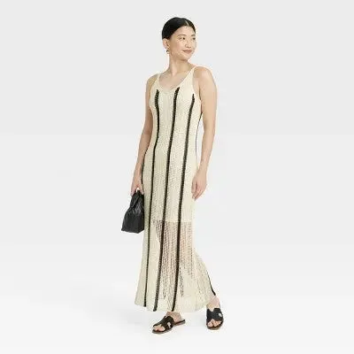 Open Box - A New Day Women's Open Work Pointelle Dress Maxi Sundress, Cream/Black, XS