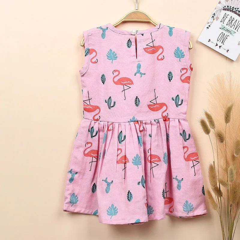 Organic Cotton Muslin Sleevless Frock Dress For Baby Girl |  Flamingo Printed | Pink