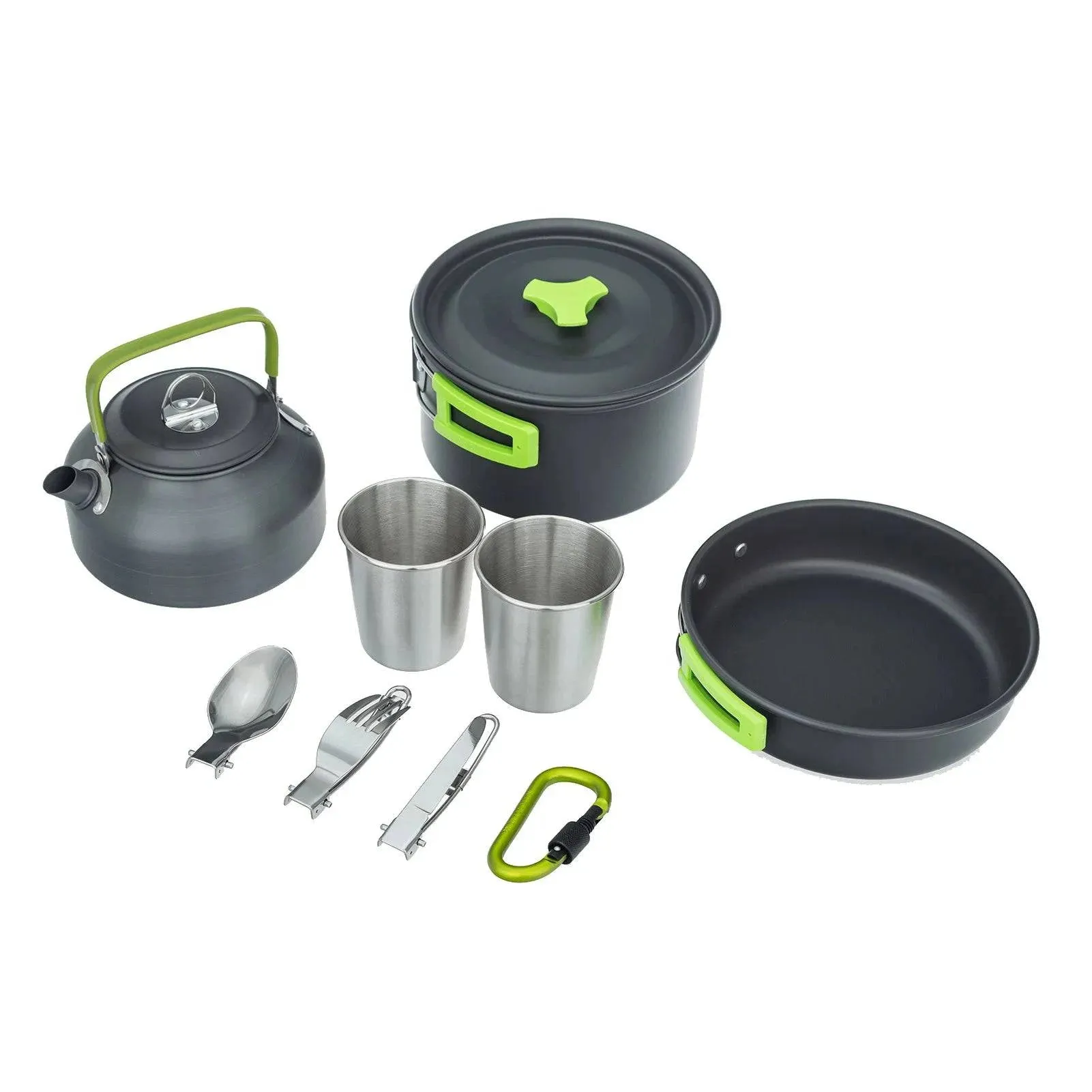 Outdoor Camping Cookware Set Folding Portable Pot Pan Kettle Cup Spoon Fork Cutter Carabiner for Picnic Hiking Camping Equipment