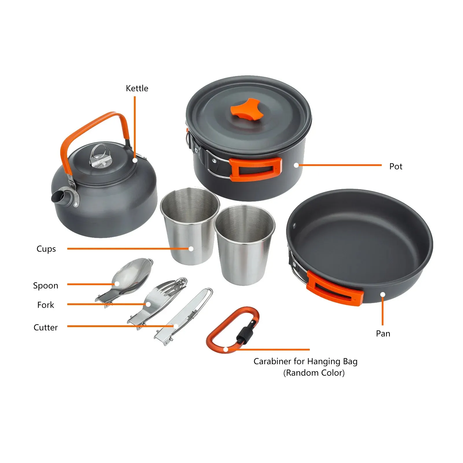 Outdoor Camping Cookware Set Folding Portable Pot Pan Kettle Cup Spoon Fork Cutter Carabiner for Picnic Hiking Camping Equipment