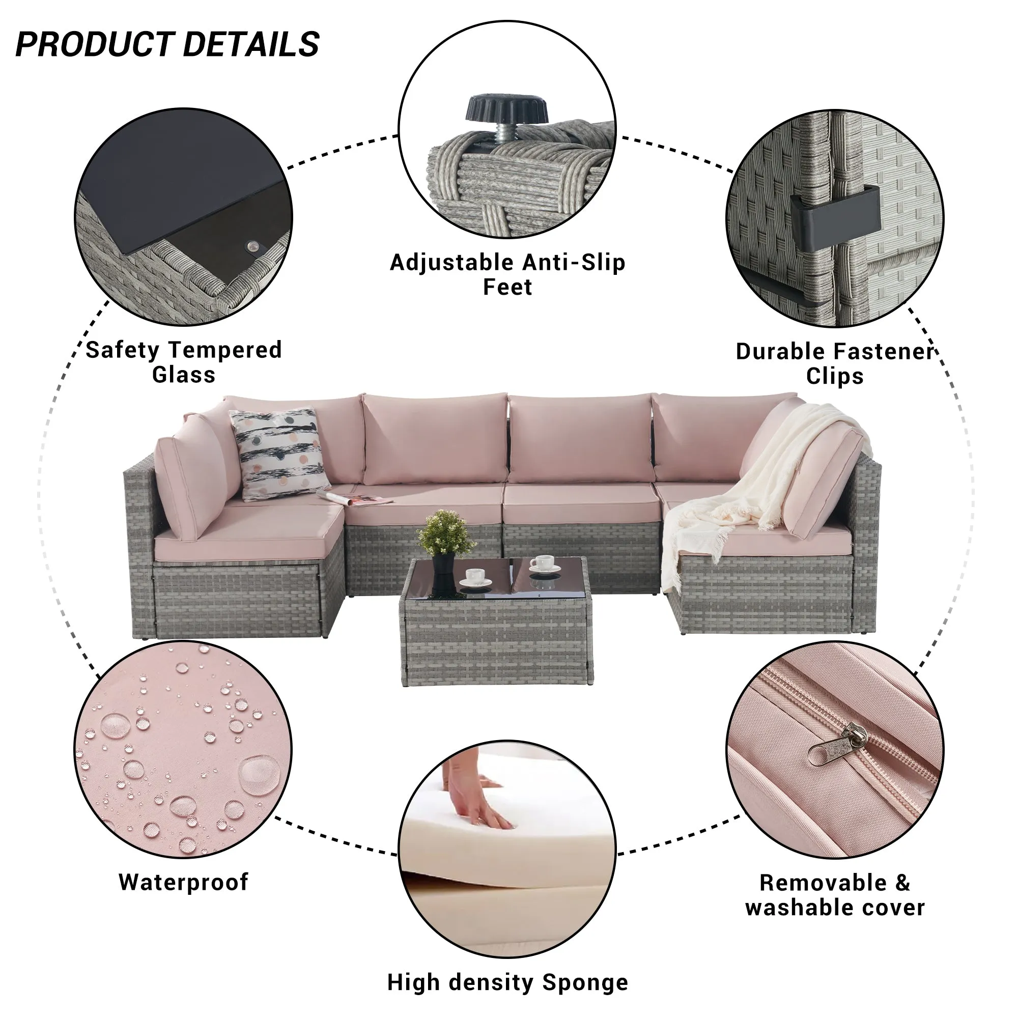 Outdoor Rattan 7 Pieces Furniture Sofa And Table Set