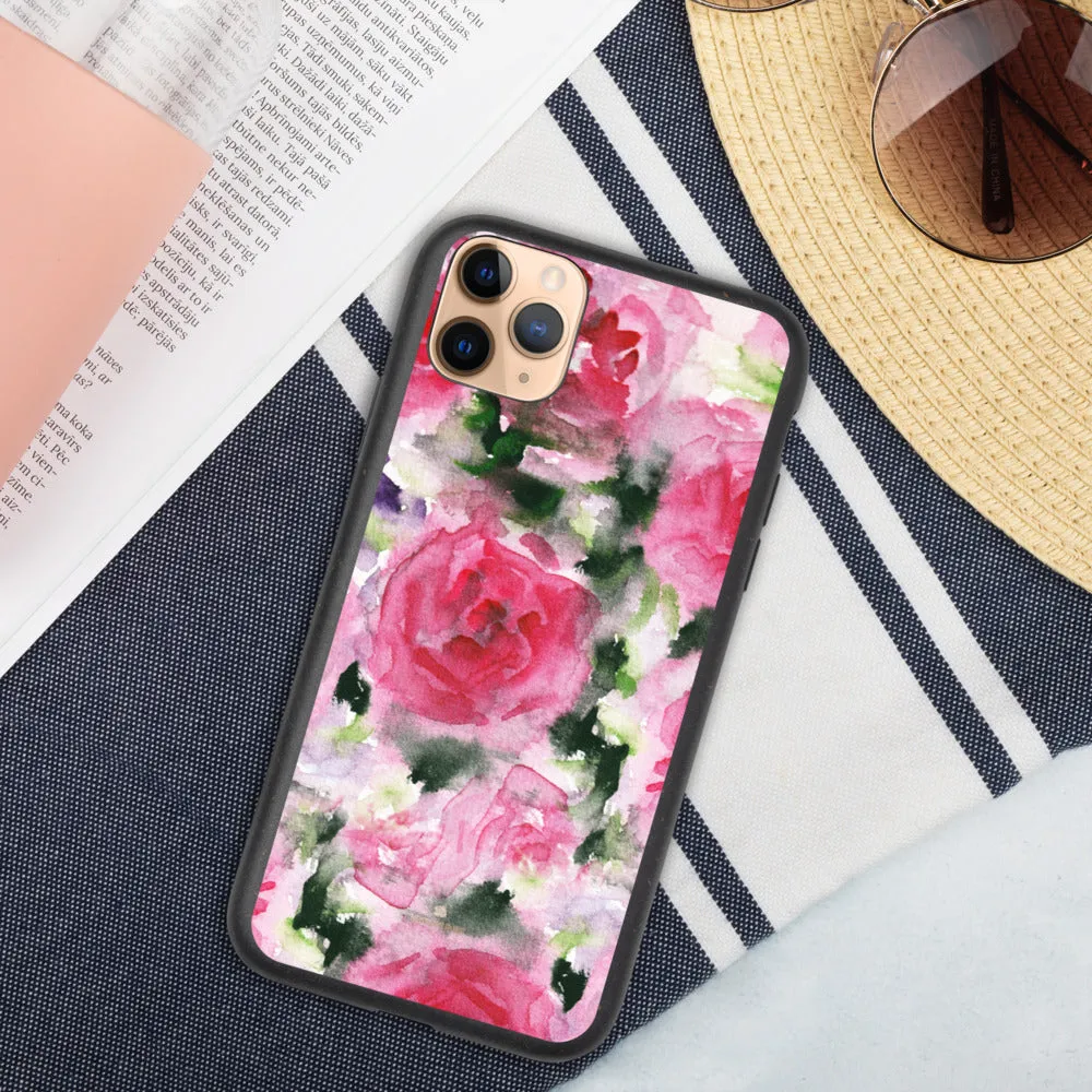 Pink Rose Biodegradable Phone Case, Floral Print Eco-Friendly iPhone Case-Printed in EU