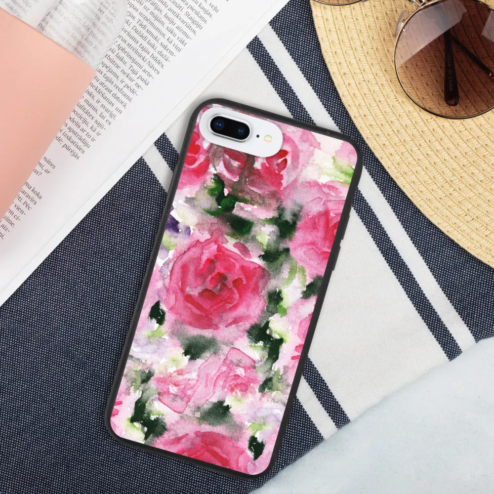 Pink Rose Biodegradable Phone Case, Floral Print Eco-Friendly iPhone Case-Printed in EU