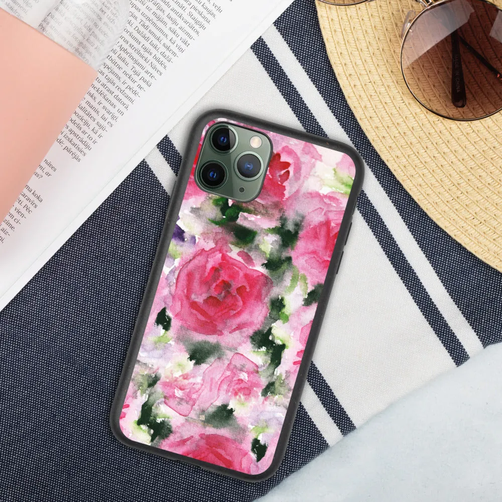 Pink Rose Biodegradable Phone Case, Floral Print Eco-Friendly iPhone Case-Printed in EU