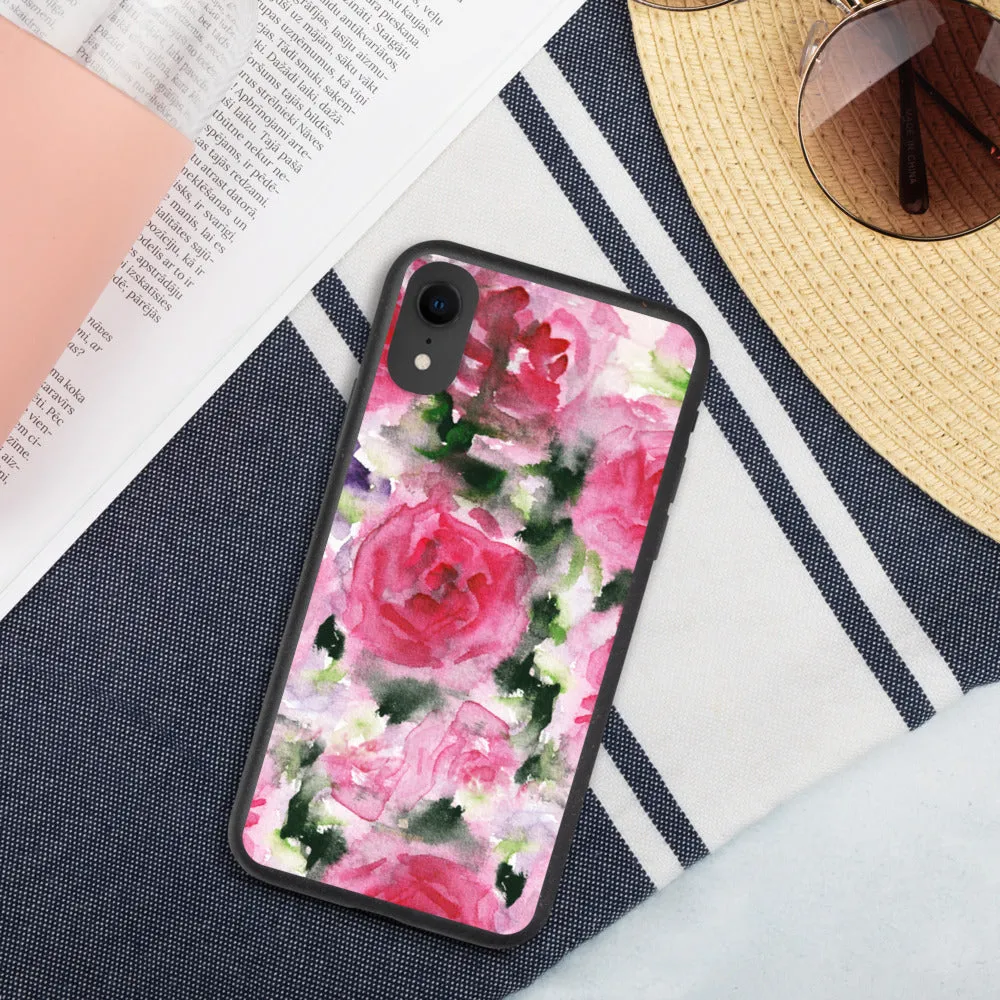 Pink Rose Biodegradable Phone Case, Floral Print Eco-Friendly iPhone Case-Printed in EU