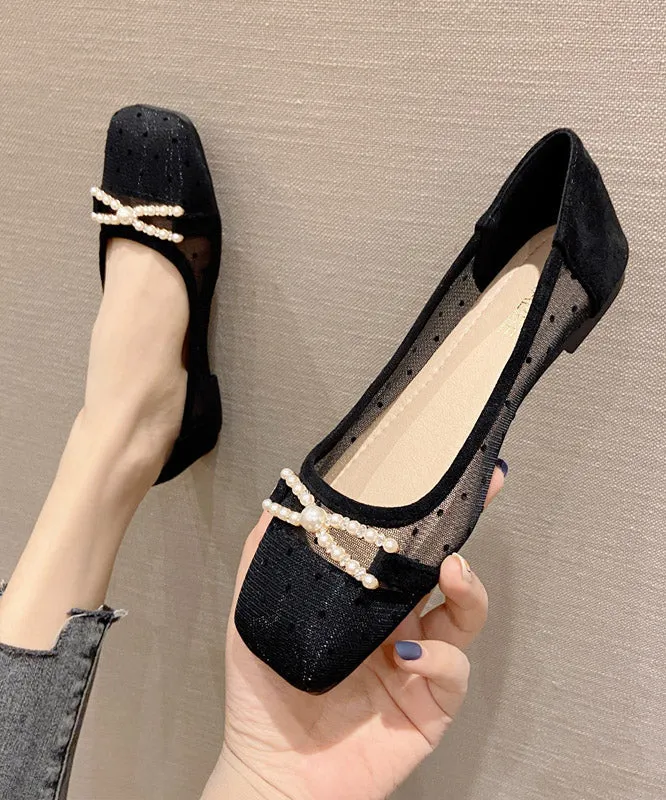 Plus Size Black Bow Splicing Diamond Hollow Out Flat Shoes