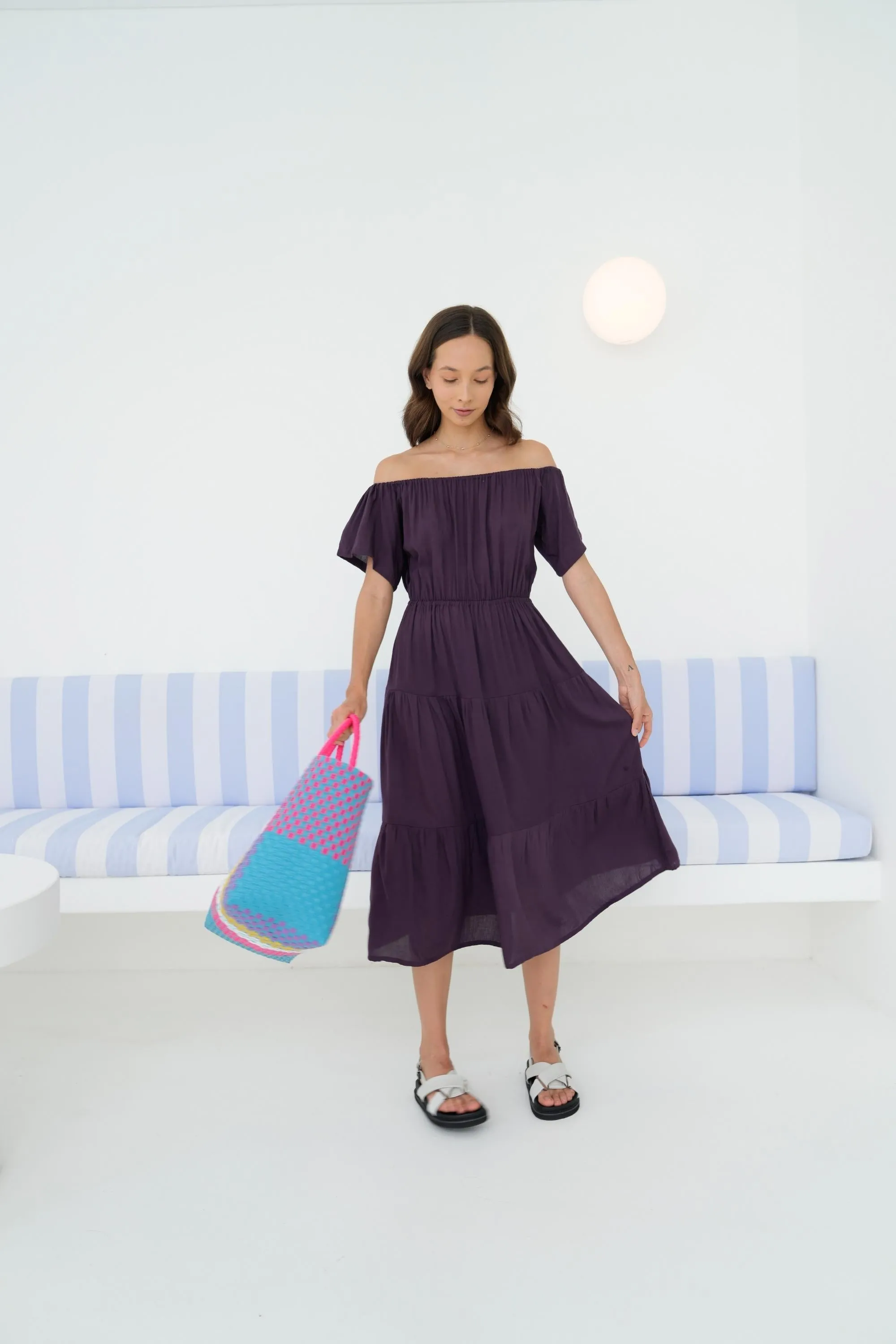 Regina Off-the-shoulder Midi Dress in Eggplant