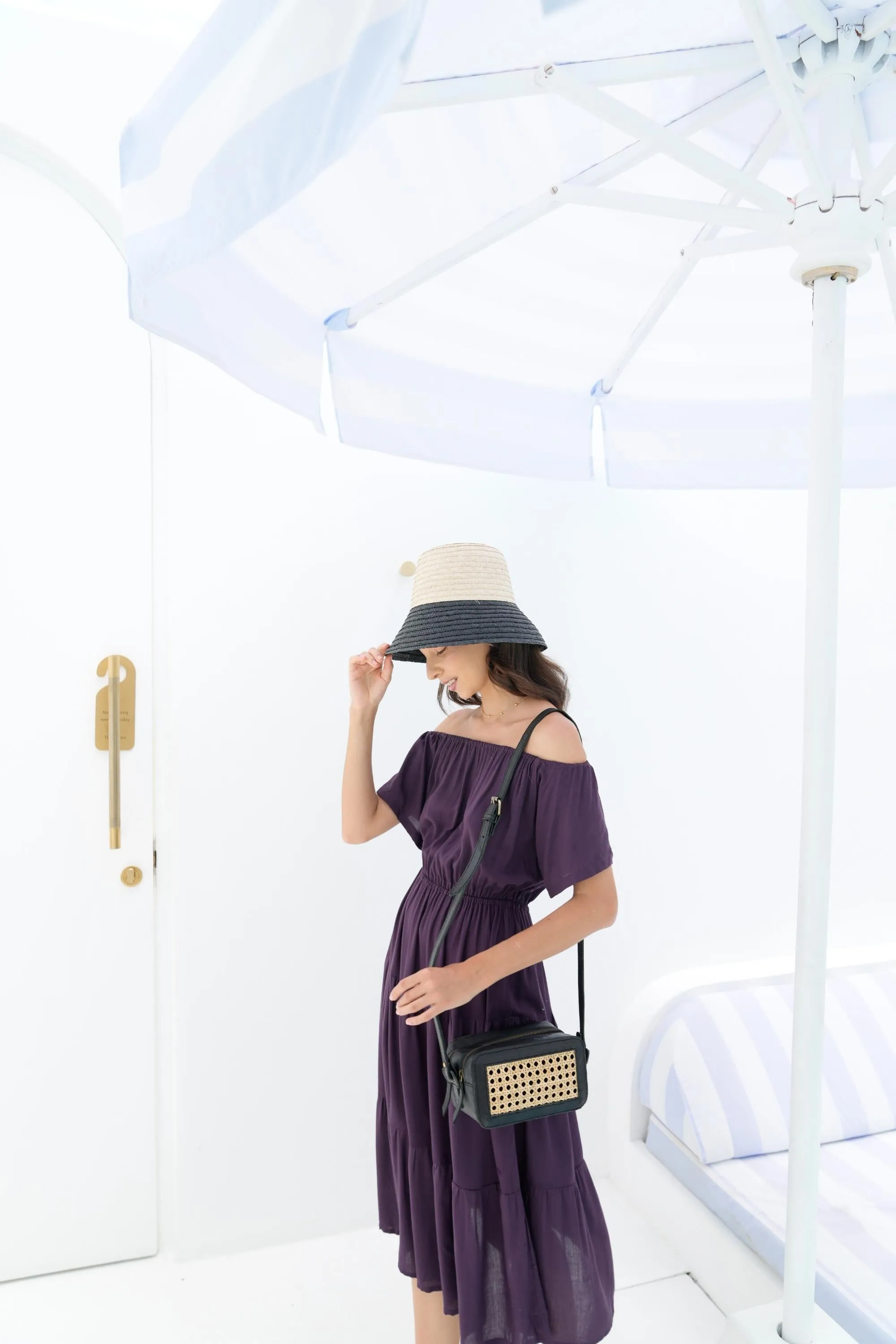 Regina Off-the-shoulder Midi Dress in Eggplant