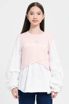 Senior Girls White And Pink Printed  Balloon Sleeve Top