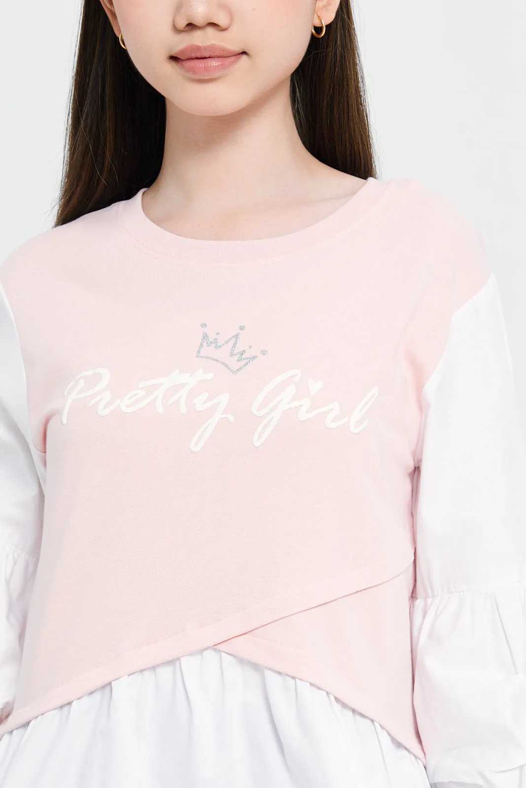 Senior Girls White And Pink Printed  Balloon Sleeve Top