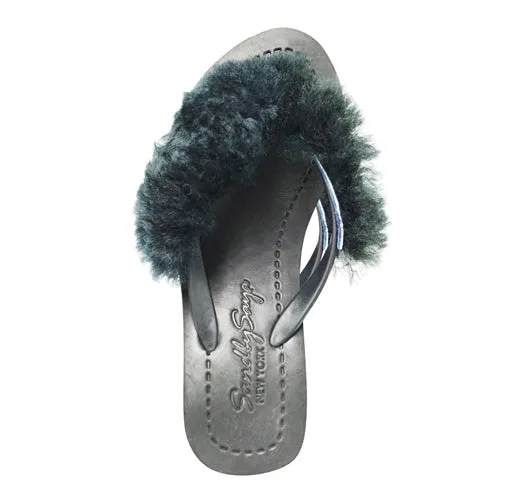 Sheep Fur - Black Genuine Fur Embellished Women's High Wedge Flip Flops Sandal