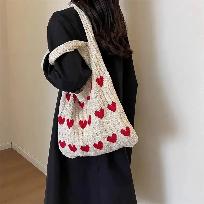 Sohiwoo 1PC New Knitted Bag Women's Summer Handmade Woolen Knitted Underarm Knitted Bag Love Shoulder Bag