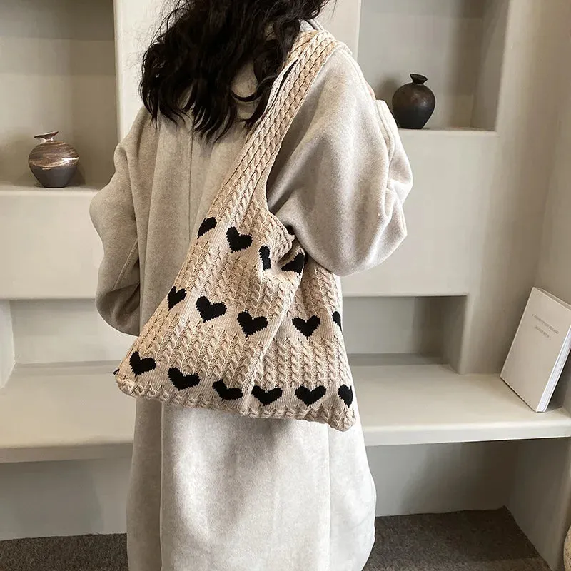 Sohiwoo 1PC New Knitted Bag Women's Summer Handmade Woolen Knitted Underarm Knitted Bag Love Shoulder Bag