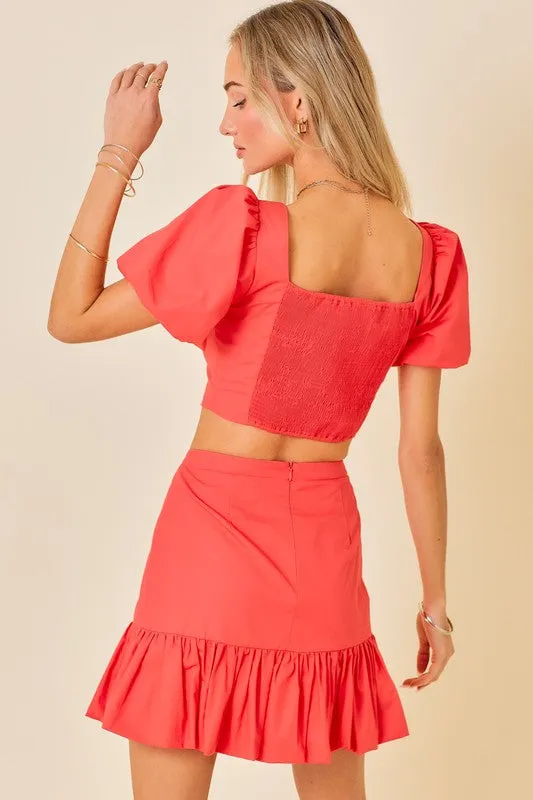 Strawberry Ruffle Puff Sleeve Crop Top Mini Skirt Set