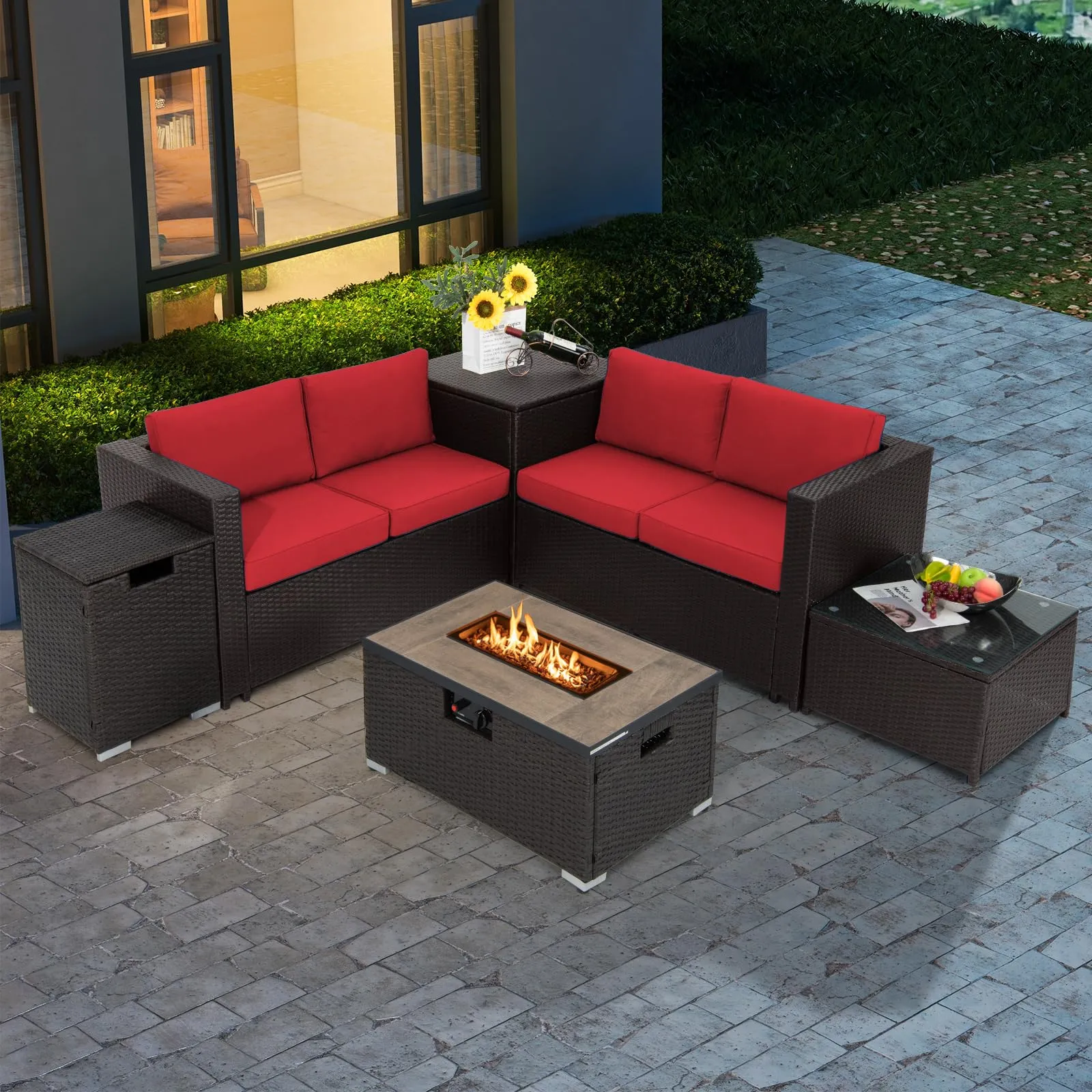 Tangkula 6 Pieces Patio Wicker Furniture Set with 32 Inches Propane Fire Pit Table and Tank Holder