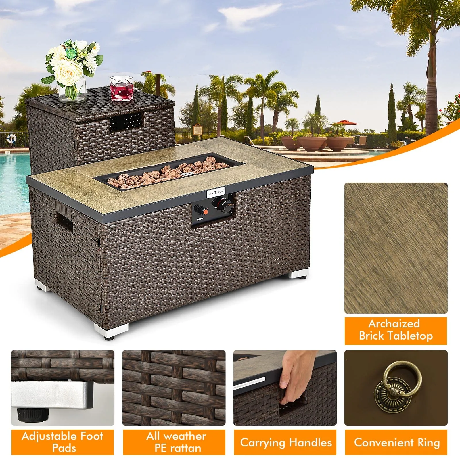 Tangkula 6 Pieces Patio Wicker Furniture Set with 32 Inches Propane Fire Pit Table and Tank Holder