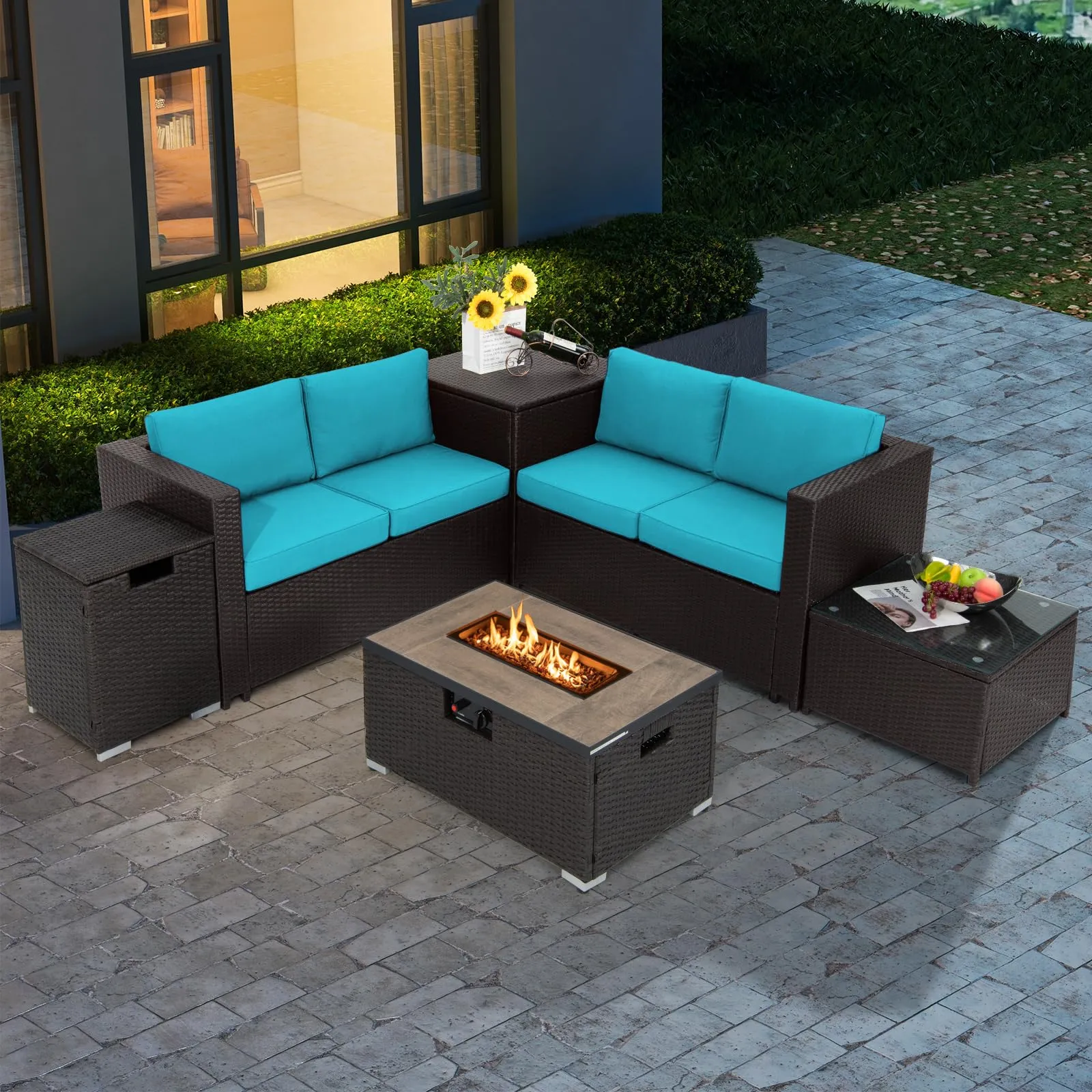 Tangkula 6 Pieces Patio Wicker Furniture Set with 32 Inches Propane Fire Pit Table and Tank Holder