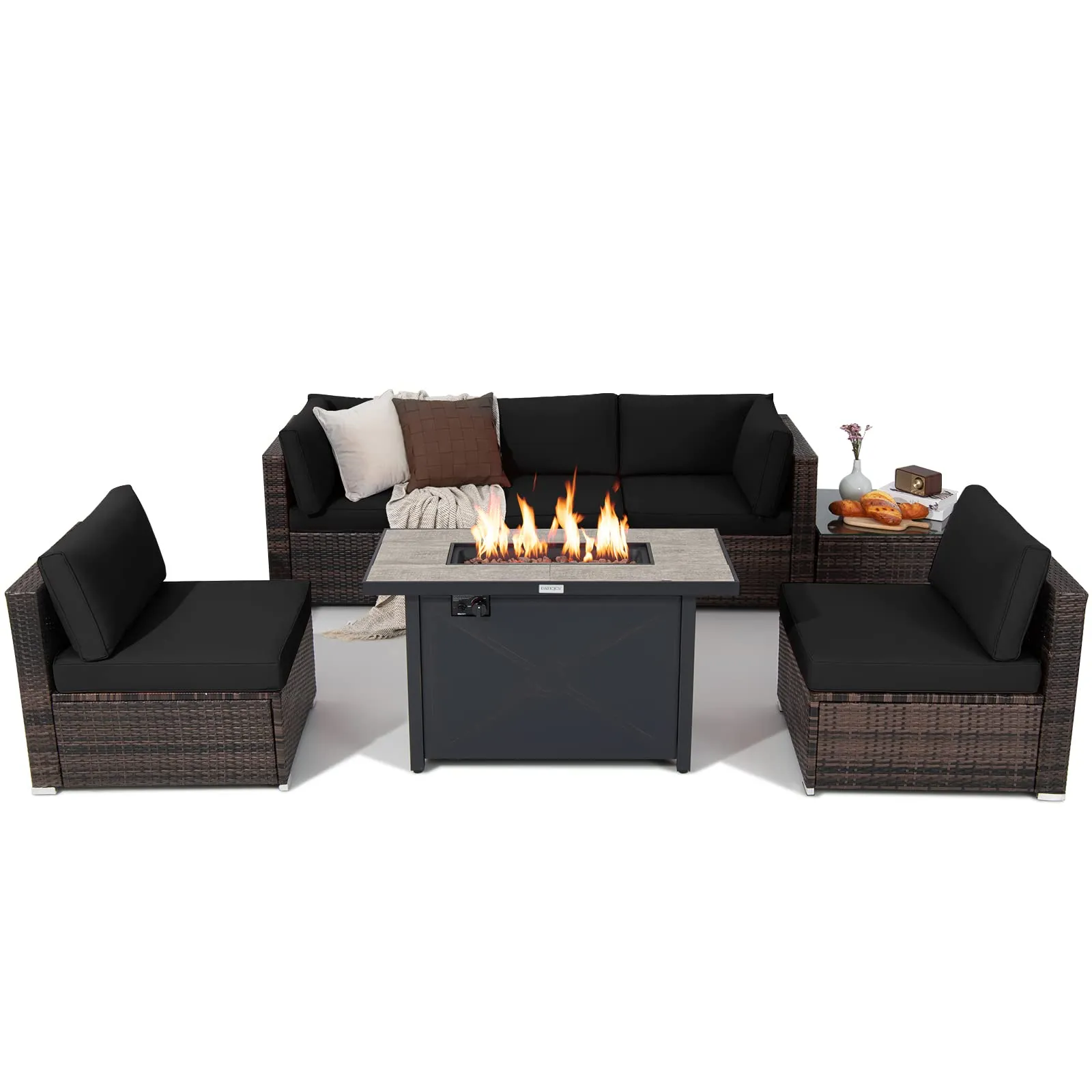 Tangkula 7 Piece Patio Furniture Set with Fire Pit Table, Includes 42 Inches 60,000 BTU Propane Rectangle Fire Pit Table