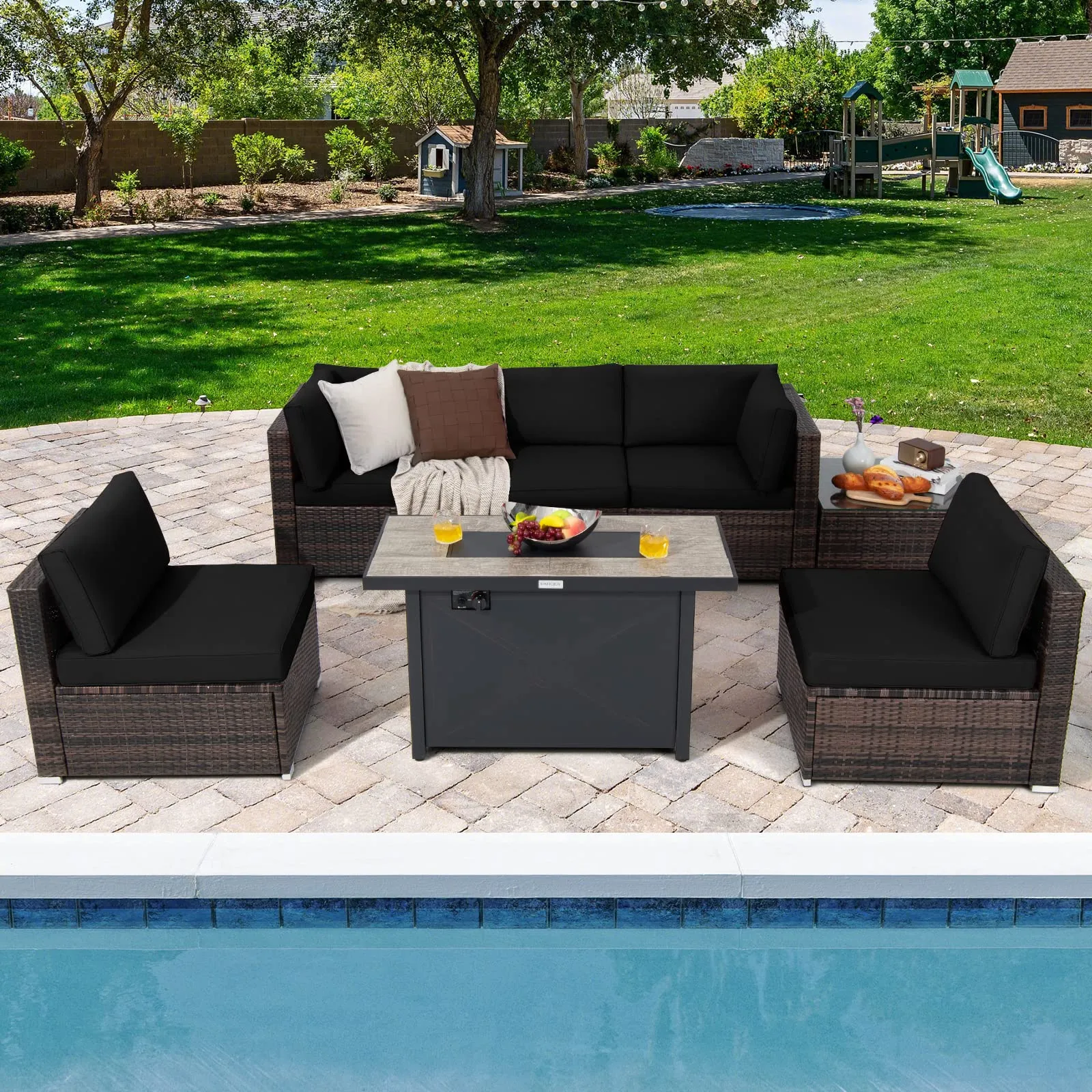 Tangkula 7 Piece Patio Furniture Set with Fire Pit Table, Includes 42 Inches 60,000 BTU Propane Rectangle Fire Pit Table