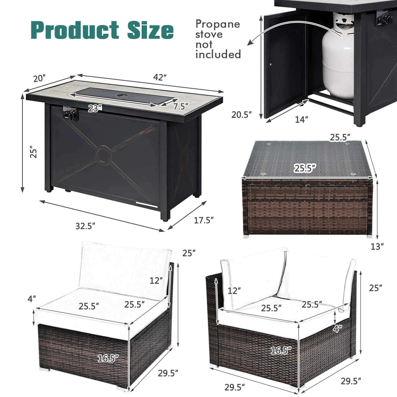 Tangkula 7 Piece Patio Furniture Set with Fire Pit Table, Includes 42 Inches 60,000 BTU Propane Rectangle Fire Pit Table