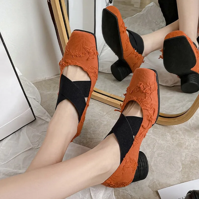 Tassels Ballet Flats with Cross-Strap Square Toe in Orange/Beige