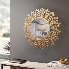 Urban Hamlet Iron Decorative Mirror Wall Mounted Hanging Mirror Sculpture Metal Golden Leaf Design Modern Art Mirror for Home Décor, Round, Framed