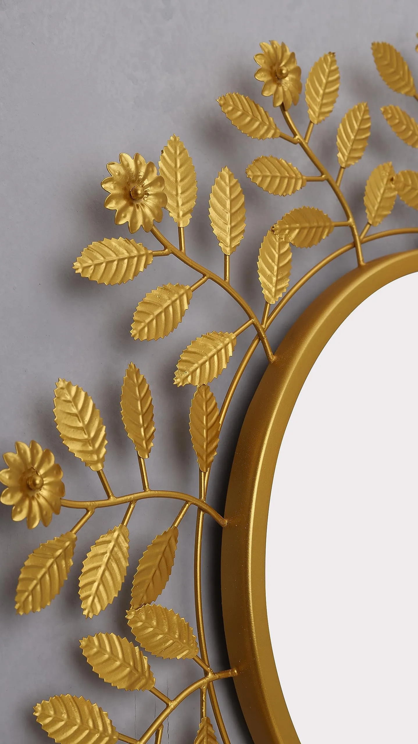 Urban Hamlet Iron Wall Hanging Mirror | Wall Mounted Decorative Leaf Mirror Sculpture (Golden)