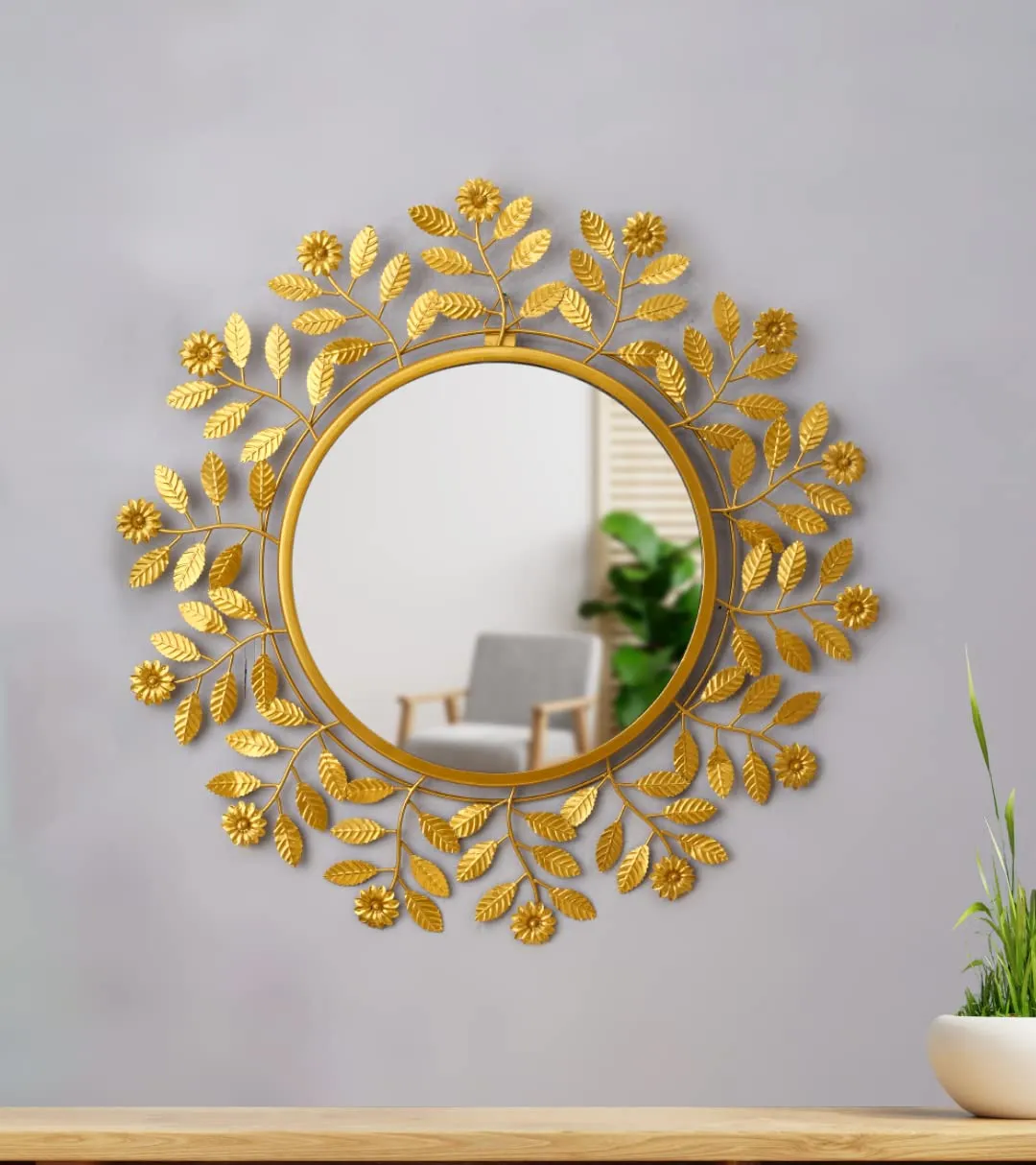 Urban Hamlet Iron Wall Hanging Mirror | Wall Mounted Decorative Leaf Mirror Sculpture (Golden)