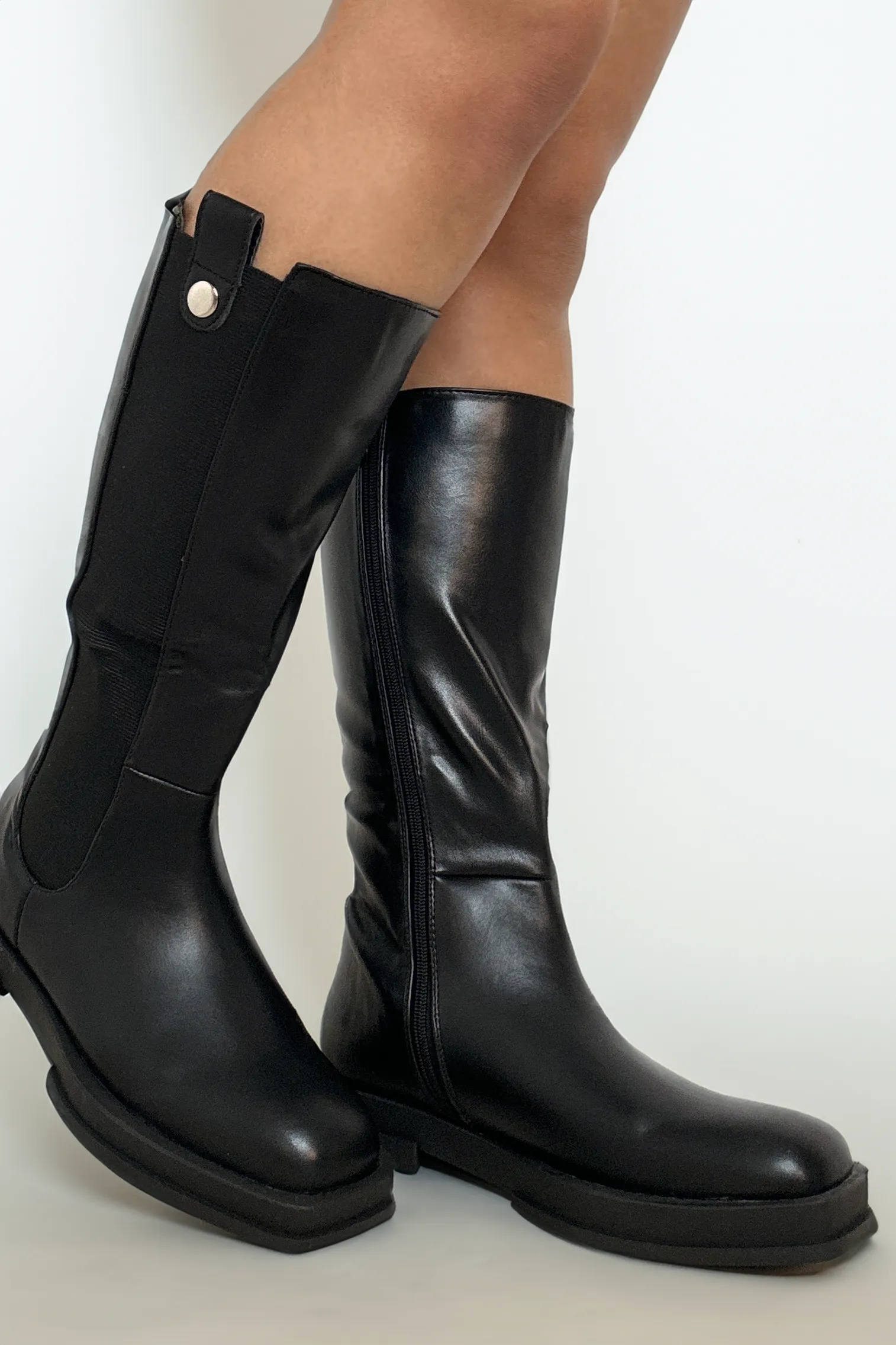 Vegan Leather Square Toe Elasticated Embellished Detail Black Boots