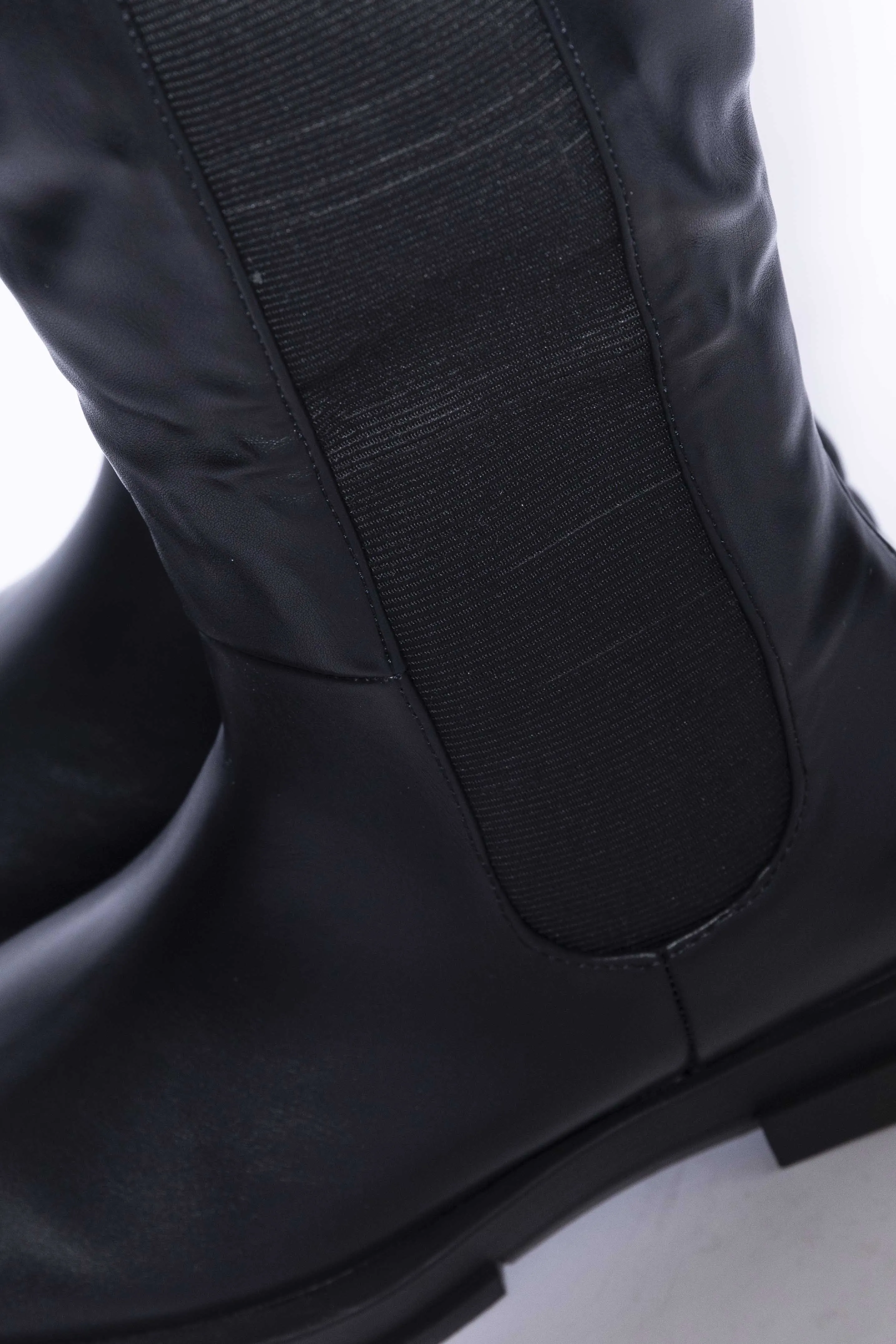 Vegan Leather Square Toe Elasticated Embellished Detail Black Boots