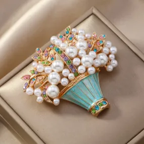 Women's Faux Pearls Flower Basket Brooch